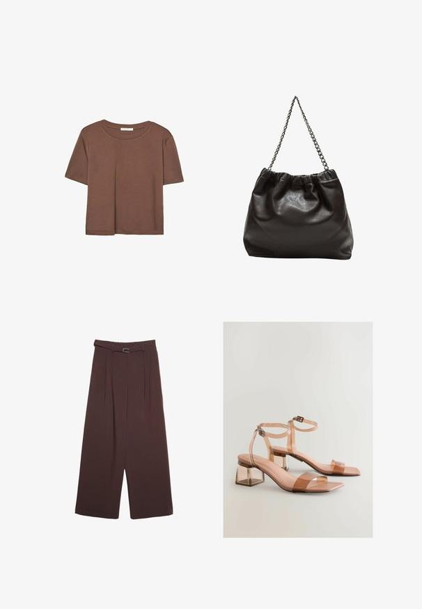 Rjava kratka majica s kratkimi rokavi iz mehkega materiala, s krožnim izrezom in ohlapnim krojem. Brez vidnih vzorcev ali dodatkov.; Stradivarius WIDE-LEG WITH BUCKLE DETAIL - Hlače - dark brown; Prozorni sandali s blok petama, golim trakama, kvadratnim vrhovima i podesivim kopčanjem oko gležnja; glatka tekstura i sjajna završna obrada.; Rjava usnjena torba z nabranim vrhom in verižnim trakom. Gladka tekstura z sijajno površino in subtilnimi šivi na straneh.