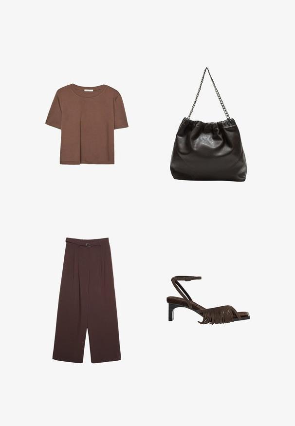 Braunes, kurzärmliges T-Shirt aus weichem Material mit rundem Halsausschnitt und lockerer Passform. Keine sichtbaren Muster oder Akzente.; Stradivarius WIDE-LEG WITH BUCKLE DETAIL - Stoffhose - dark brown; Braune Wildledersandale mit Fransendetail, Knöchellasche und niedrigem eckigem Absatz. Sie zeichnet sich durch ein elegantes, minimalistisches Design mit subtiler Textur aus.; Braune Lederhandtasche mit gerafftem Oberteil und Kettenriemen. Glatte Textur mit glänzendem Finish und subtilen Nahtdetails an den Seiten.