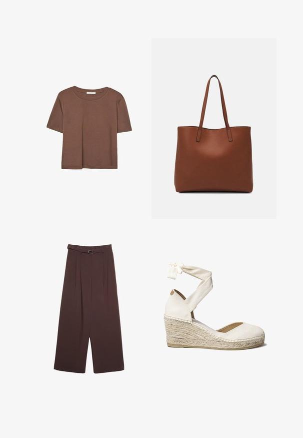 Maglietta a maniche corte marrone realizzata in tessuto morbido, con scollatura rotonda e vestibilità rilassata. Nessun motivo o dettaglio visibile.; Stradivarius WIDE-LEG WITH BUCKLE DETAIL - Pantaloni - dark brown; Scarpa wedge bianca in tela con lacci alla caviglia, tacco avvolto in juta, punta rotonda e tomaia in tessuto testurizzato. Il wedge misura circa 7 cm.; Borsa tote in pelle marrone con texture liscia, design con apertura superiore e due spallacci. Presenta cuciture minime e nessun hardware visibile.