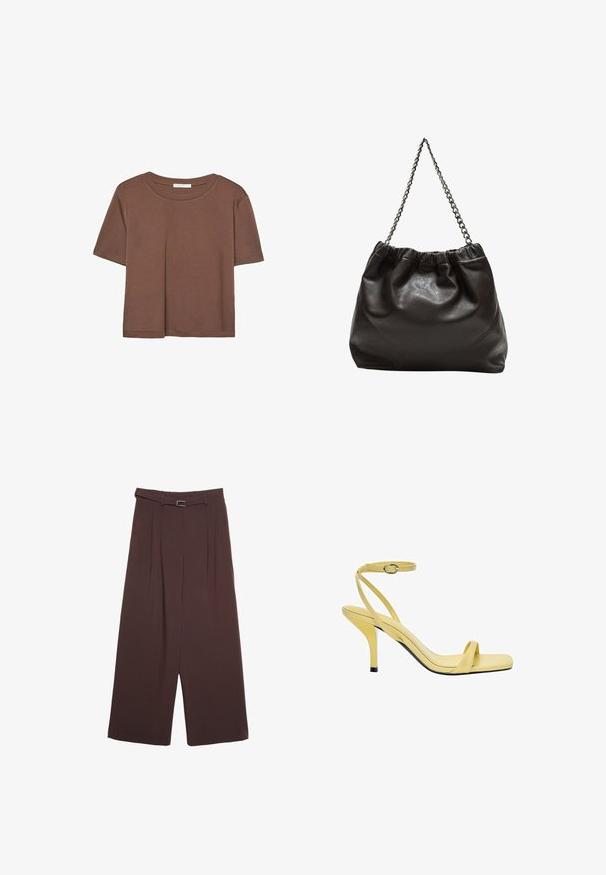 Braunes, kurzärmliges T-Shirt aus weichem Material mit rundem Halsausschnitt und lockerer Passform. Keine sichtbaren Muster oder Akzente.; Stradivarius WIDE-LEG WITH BUCKLE DETAIL - Stoffhose - dark brown; Gelbe Leder-Slingbacks mit hohen Sohlen, rechteckiger Zehenpartie, dünnem Knöchelriemen und glänzender Oberfläche, mit einem schwarzen Absatzakzent.; Braune Lederhandtasche mit gerafftem Oberteil und Kettenriemen. Glatte Textur mit glänzendem Finish und subtilen Nahtdetails an den Seiten.
