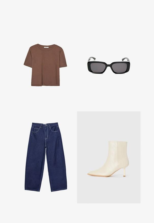 Hnedé tričko s krátkym rukávom vyrobené z jemného materiálu, s okrúhlym výstrihom a voľným strihom. Žiadne viditeľné vzory ani akcenty.; Tmavomodré denimové nohavice s širokými nohavicami a vysokým pásom, piatimi vreckami a kontrastným bielym prešívaním. Hladký povrch, klasický dizajn.; Krémová členková obuv s špicatou špičkou a štíhlým stredne vysokým podpätkom, hladká textúra, zobrazená z vonkajšej strany na bielom pozadí.; Čierne obdĺžnikové slnečné okuliare s tmavými sklami, hladkým plastovým rámom a zakrivenými stranami. Dizajn je robustný s minimalistickou estetikou.