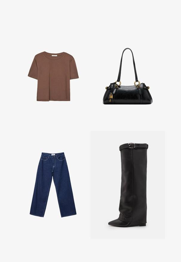 Brązowa koszulka z krótkim rękawem, wykonana z miękkiego materiału, z okrągłym dekoltem i luźnym krojem. Brak widocznych wzorów lub akcentów.; Szerokie, ciemnoniebieskie dżinsy z guzikowym zapięciem, pięcioma kieszeniami i kontrastującym białym przeszyciem. Materiał ma gładkie, lekko chropowate wykończenie.; Steve Madden CORENNE czarny; Czarna skórzana torebka o gładkiej fakturze, zaokrąglonym kształcie, złotych akcentach metalowych i podwójnych uchwytach. Posiada dekoracyjny zamek z boku.