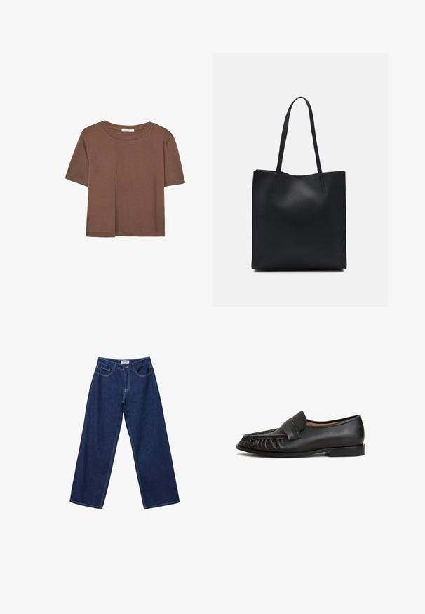 Kahvinsävyinen lyhythihainen t-paita, joka on valmistettu pehmeästä kankaasta. Pyöreä pääntie ja rento malli. Ei näkyviä kuvioita tai koristeita.; Tumma sininen farkut, joissa on leveät lahkeet, nappikiinnitys, viisi taskua ja kontrastivalkoiset tikkaukset. Kankaan pinta on sileä, hieman teksturoitu.; Mustat nahka loaferit, joissa on pyöreä kärki, etuosassa kerrostuumaa ja litteä pohja. Minimalistinen muotoilu ja sileä pinta.; Mustapahkainen kangaskassi, jossa on sileä pinta, suorakaiteen muotoinen ja kaksi pitkää kahvaa. Ei näkyvää metalliosaa tai koristeita.