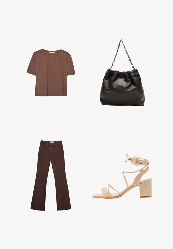 Kahvinsävyinen lyhythihainen t-paita, joka on valmistettu pehmeästä kankaasta. Pyöreä pääntie ja rento malli. Ei näkyviä kuvioita tai koristeita.; Ruske flare džinsice od denima, s visokim strukom, dva prednja džepa i mesinganim detaljima na elastičnom pojasu i otvorima džepova.; Vaaleanbeige mokkanahkainen korkokenkä, jossa on paksu korko, avokanta ja ristikkäiset hihnat, jotka kiehuttavat nilkkaan. Sileä pinta, vähäeleinen muotoilu.; Ruskea nahkainen laukku, jossa on kerätty yläosa ja ketjuhihna. Tasainen pinta, jossa kiiltävä viimeistely ja hienovaraiset sauman yksityiskohdat sivuilla.; Kolme hiusklipsiä: yksi musta-valkoinen marmorikuvio, kaksi kilpikonnakuosisia ruskeassa ja mustassa sävyssä, kaikki kiiltävää muovia ja texturoitua pintaa.