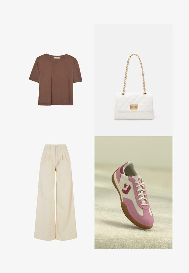 Rjava kratka majica s kratkimi rokavi iz mehkega materiala, s krožnim izrezom in ohlapnim krojem. Brez vidnih vzorcev ali dodatkov.; Bežaste hlače širokega kroja z visokim pasom, z gumbom za zapiranje in detajli nabora. Gladka tkanina z mehkobe.; Roza in bela teniska z gumijastim, teksturiranim podplatom. Ima zvezdasti znak in kontrastne poudarke. Gladka zgornjost z detajli vezanja.; Bela prešita torbica z zlatim verižnim trakom in pravokotnim zaponko. Ima gladko teksturo in geometrijski šivani vzorec.