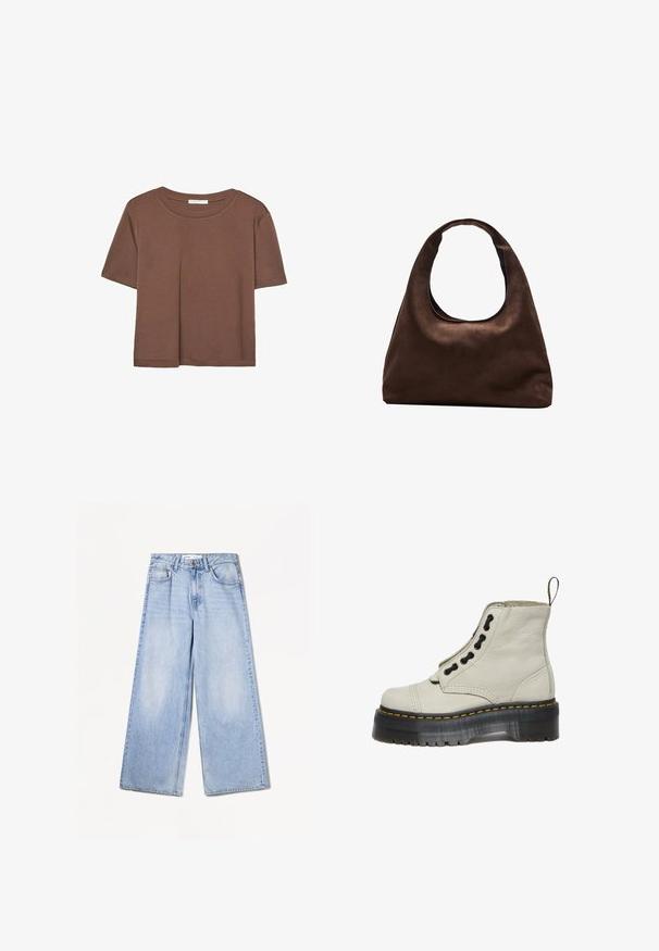 Maglietta a maniche corte marrone realizzata in tessuto morbido, con scollatura rotonda e vestibilità rilassata. Nessun motivo o dettaglio visibile.; Bershka WIDE-LEG - Wide Leg - light-blue denim; Dr. Martens Stivaletti con plateau - warm stone; Borsa hobo di un morbido marrone con una sola tracolla larga e un'apertura a manico curvo, esposta su uno sfondo bianco.