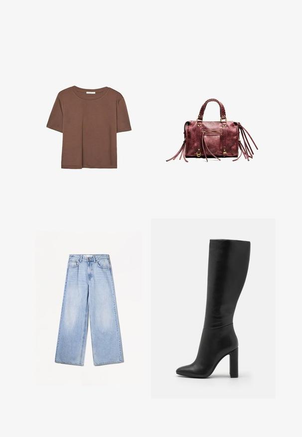 Brun kortærmet t-shirt lavet af blødt stof, med rund halsudskæring og afslappet pasform. Ingen synlige mønstre eller detaljer.; Bershka WIDE-LEG - Wide leg - light-blue denim; Knæhøj sort læderstøvle med spids tå og høj blokhæl. Glat tekstur med minimalistisk design og ingen synlig hardware.; Bordeaux læderhåndtaske med flettede håndtag, frynse-detaljer og gyldne metaldele. Har en frontlomme med lynlås og tekstureret overflade.