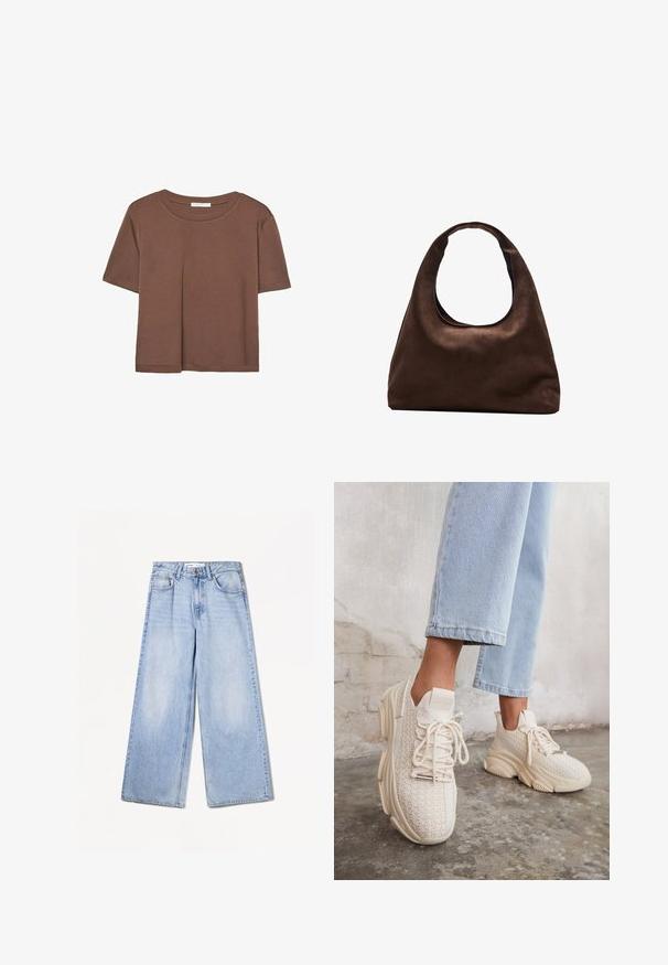 T-shirt marron à manches courtes en tissu doux, avec un col rond et une coupe décontractée. Aucun motif ni accent visible.; Bershka WIDE-LEG - Wide Leg - light-blue denim; Baskets tricotées beiges avec une tige texturée, bout rond, semelle épaisse et lacets décoratifs, associées à un jean court bleu clair.; Sac à main en toile marron doux de style hobo avec une large sangle unique et une ouverture en haut arrondie, présenté sur un fond blanc.
