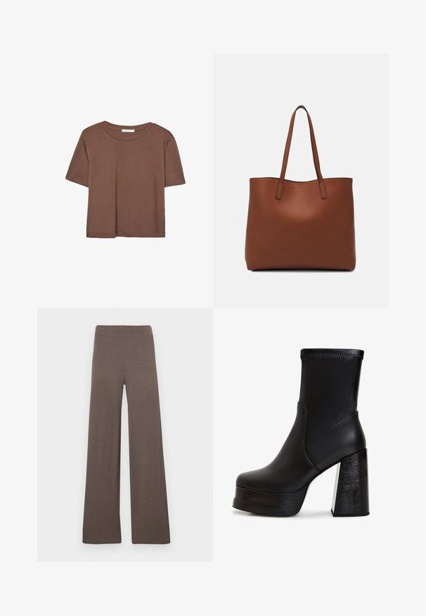 Korte mouwen T-shirt in bruin, gemaakt van een zachte stof, met een ronde halslijn en een relaxte pasvorm. Geen zichtbare patronen of accenten.; Geribbelde wijde broek in een donkerbruine kleur, met een rekbare tailleband en een zachte, gestructureerde stof.; Zwarte enkellaarsjes van glad leer. Voorzien van een hoge blokhak met een houtachtige textuur en een stevige plateauzool. Naaddetails op het bovenwerk.; Bruine leren tote bag met een gladde textuur, een ontwerp met een open bovenkant en twee schouderbanden. Kenmerkt zich door minimale stiksels en geen zichtbare hardware.