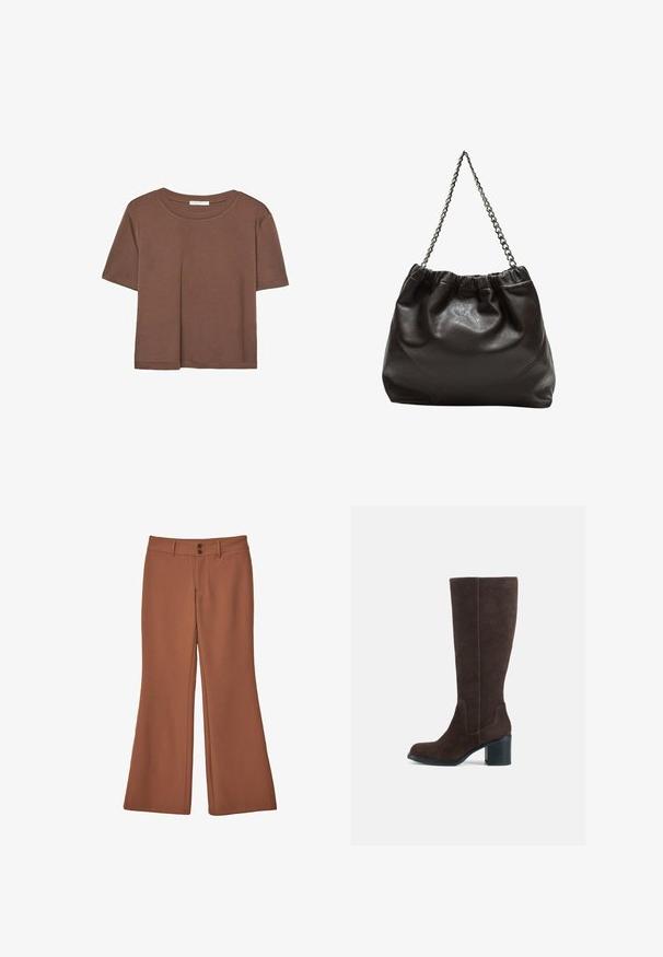 Brown short-sleeve t-shirt made of soft fabric, with a round neckline and relaxed fit. No visible patterns or accents.; Brown, flared trousers made of soft fabric. Features two front buttons and a smooth texture with no visible patterns or accents.; Brown suede knee-high boots with a block heel and a smooth finish. Rounded toe and distinct seam detailing on the shaft.; Brown leather bag with a gathered top and a chain strap. Smooth texture with a glossy finish and subtle seam detailing on the sides.