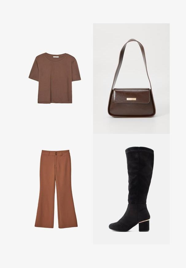 Maglietta a maniche corte marrone realizzata in tessuto morbido, con scollatura rotonda e vestibilità rilassata. Nessun motivo o dettaglio visibile.; Pantaloni marroni a zampa d'elefante realizzati in un tessuto morbido. Caratterizzati da due bottoni frontali e una texture liscia senza motivi o decorazioni visibili.; Stivale nero al ginocchio in morbido suede, con un tacco a blocco chunky e un accento dorato. Texture liscia, design con punta rotonda.; Borsa a spalla in pelle marrone con una forma strutturata, dotata di chiusura a patta magnetica e un accento di logo metallico sul davanti.