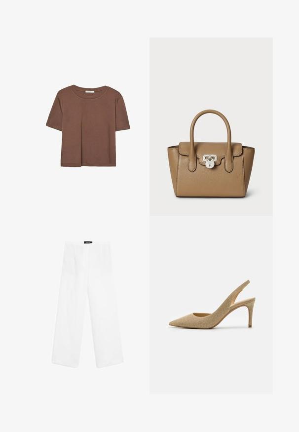 Brązowa koszulka z krótkim rękawem, wykonana z miękkiego materiału, z okrągłym dekoltem i luźnym krojem. Brak widocznych wzorów lub akcentów.; Białe lniane spodnie o szerokich nogawkach z gładką teksturą, z mid-rise w pasie, dwiema przednimi kieszeniami i prostym wzorem.; MICHAEL Michael Kors ALINA  złoty; Lauren Ralph Lauren - Torebka