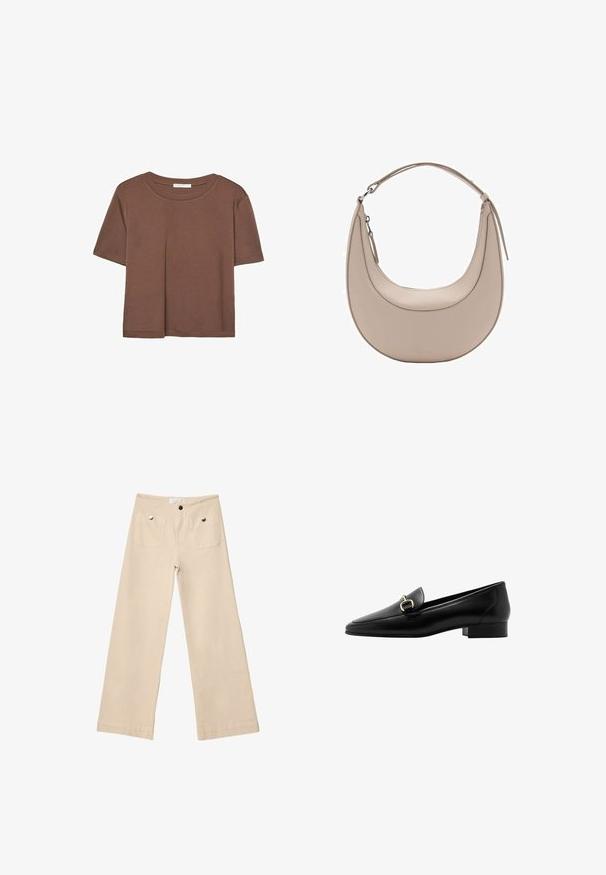 Rjava kratka majica s kratkimi rokavi iz mehkega materiala, s krožnim izrezom in ohlapnim krojem. Brez vidnih vzorcev ali dodatkov.; Bež hlače širokega kroja iz mehkega bombaža, z dvema sprednjima žepoma in srebrnimi elementi, ravno krojene in natančno dokončanimi robovi.; Črne usnjene loafers čevlje s konico, majhnim blokastim peto in zlatim detajlom na sprednji strani. Gladka tekstura in minimalistična zasnova.; Bež usnjena torba za rame v obliki kružnice, z gladko teksturo in eno ukrivljeno zanko. Ima zadrgo in urejen šiv.