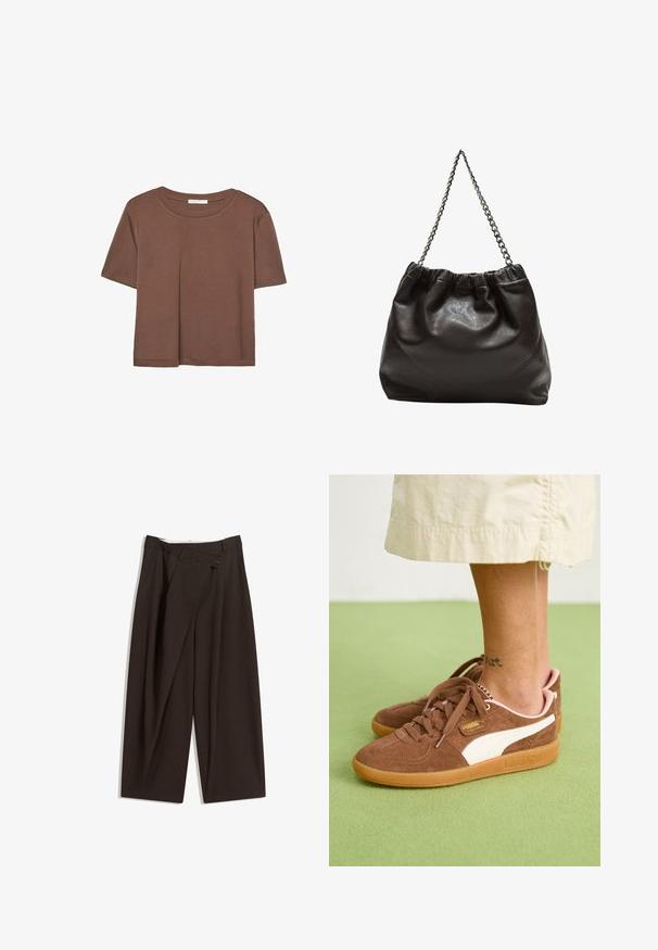 Smeđi kratki rukav majica od mekog materijala, s okruglim izrezom i opuštenim krojem. Nema vidljivih uzoraka ili naglasaka.; Tamno smeđe široke hlače s visokim strukom, s jednim dugmadi na zakopčavanju i pregibom sprijeda. Izrađene od laganog materijala.; Smeđi nubuk tenesici s bijelim akcentom, gumeni potplat i ružičasti petni dio. Strogi vezovi i detalji oznake vidljivi. Tetovaža na gležnju djelomično vidljiva.; Smeđa kožna torba s naboranim vrhom i lančićem za nošenje. Glatka tekstura s sjajnim završetkom i suptilnim šavnim detaljima sa strane.