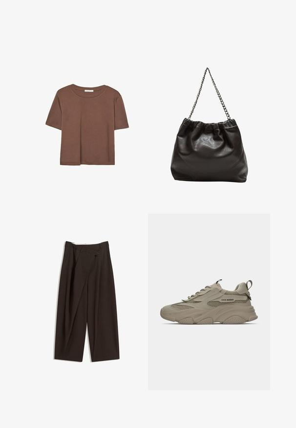Brązowa koszulka z krótkim rękawem, wykonana z miękkiego materiału, z okrągłym dekoltem i luźnym krojem. Brak widocznych wzorów lub akcentów.; Ciemnobrązowe szerokie spodnie o wysokim stanie, z pojedynczym zapięciem na guzik i plisowanym przodem. Wykonane z lekkiego materiału.; Beżowe, masywne sneakersy z siateczkowymi detalami, grubą podeszwą, sznurowadłami, pętelką na pięcie oraz logo "STEVE MADDEN" na bocznej części.; Brązowa skórzana torba z marszczonym szczytem i łańcuszkowym paskiem. Gładka tekstura z błyszczącym wykończeniem i subtelnymi detalami szwów po bokach.