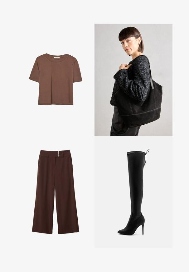 Braunes, kurzärmliges T-Shirt aus weichem Material mit rundem Halsausschnitt und lockerer Passform. Keine sichtbaren Muster oder Akzente.; Braune weite Hosen aus glattem Stoff, mit zwei Seitentaschen und einem Bund mit drei dekorativen Knöpfen.; Schwarze Overknee-Stiefel aus glattem, synthetischem Material, mit spitzem Zehen, hohen Stiletto-Absätzen und verstellbaren Bindebändern am oberen Ende.; Schwarze Wildleder-Tote-Tasche mit glatter Textur, strukturiertem Design und kontrastierenden Nähten. Verfügt über lange Träger zum Tragen über der Schulter.