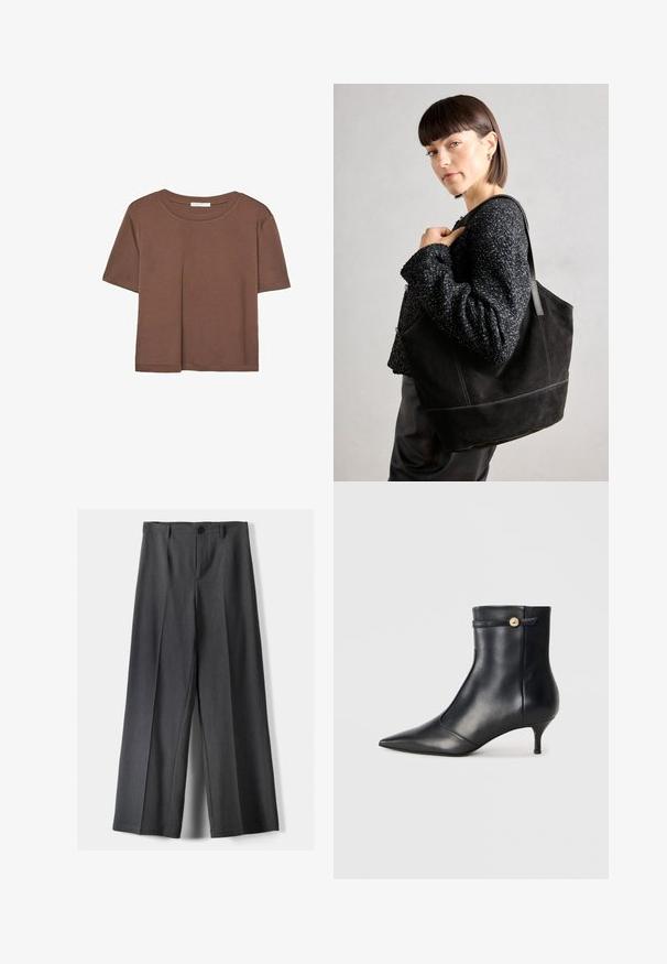 Kahvinsävyinen lyhythihainen t-paita, joka on valmistettu pehmeästä kankaasta. Pyöreä pääntie ja rento malli. Ei näkyviä kuvioita tai koristeita.; Housut, joissa on leveät lahkeet tummanharmaasta kankaasta. Varustettu napin sulkemisella, etupleiteillä ja vyölenkeillä. Sujuva rakenne ja räätälöity muotoilu.; Mustat nahkasaappaat nilkkaketjulla, jossa on terävä kärki ja pieni, kapeneva korko. Varustettu koristeellisella hihnalla, jossa on kultainen nappi. Tasainen pinta.; Musta mokkanahkainen laukku, jossa on sileä pinta, jämäkkä muoto ja kontrastivärinen ommel. Varustettu pitkillä hihnoilla olalla kantamista varten.