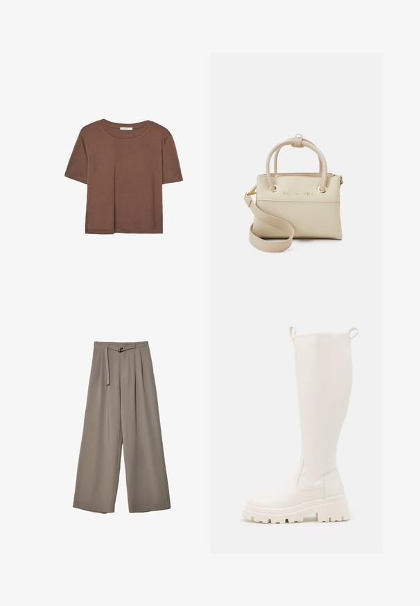 Kahvinsävyinen lyhythihainen t-paita, joka on valmistettu pehmeästä kankaasta. Pyöreä pääntie ja rento malli. Ei näkyviä kuvioita tai koristeita.; Suurille lahkeille housuille pehmeässä, hillityssä harmaassa kankaassa, jossa on vyötäröllä vyö ja lisää muotoilun yksityiskohtia kuploissa. Sileä rakenne, ei kuvioita.; Valkoiset kumisaappaat polven korkeudelle, joissa on paksu pohja ja sivu-elastiset paneelit. Ylhäällä olevat vetonauhat helpottavat pukemista. Sujuva pinta.; Beige nahkatasku, jossa on yläkahvat, säädettävä hihna, logoyksityiskohta ja kultaisen sävyiset metalliosat. Tasainen pinta ja jämäkkä muoto.