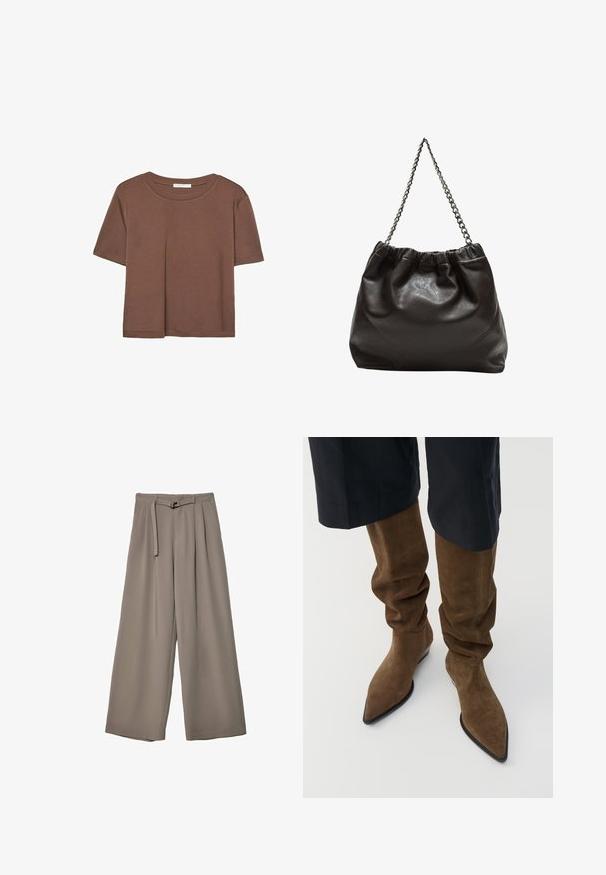 Brązowa koszulka z krótkim rękawem, wykonana z miękkiego materiału, z okrągłym dekoltem i luźnym krojem. Brak widocznych wzorów lub akcentów.; Spodnie o szerokich nogawkach w miękkim, stonowanym szarym materiale, z paskiem w talii i plisami dla dodania detali projektowych. Gładka tekstura, bez wzorów.; Brązowe zamszowe, luźne kozaki do kolan z ostrymi noskami i czarną podeszwą, o miękkiej fakturze i luzie w okolicy łydki.; Brązowa skórzana torba z marszczonym szczytem i łańcuszkowym paskiem. Gładka tekstura z błyszczącym wykończeniem i subtelnymi detalami szwów po bokach.