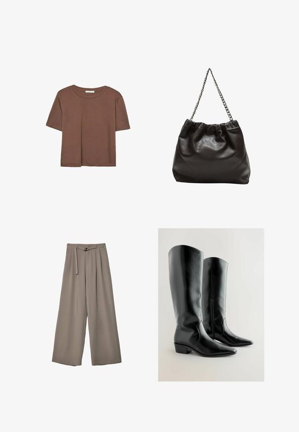 Brun kortærmet t-shirt lavet af blødt stof, med rund halsudskæring og afslappet pasform. Ingen synlige mønstre eller detaljer.; Vide ben bukser i et blødt, afdæmpet grå stof, med en bælte i taljen og plisseringer for ekstra designdetalje. Glat tekstur, ingen mønstre.; Sorte knæhøje støvler lavet af skinnende kunstlæder. Spidse tæer med en lav blokhæl og en sidelukning for nem påtagning. Glat tekstur.; Brun lædertaske med en rynket top og en kædestrop. Glat tekstur med en blank finish og subtile sømdetaljer på siderne.