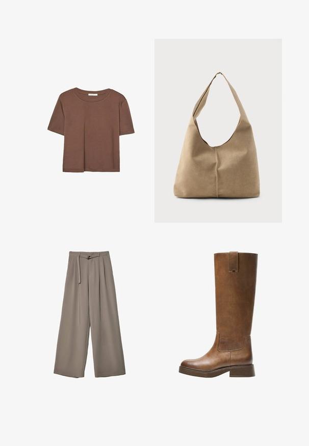 Rjava kratka majica s kratkimi rokavi iz mehkega materiala, s krožnim izrezom in ohlapnim krojem. Brez vidnih vzorcev ali dodatkov.; Široke hlače iz mehke, umirjene sive tkanine, z pasom, ki ga je mogoče zavezati, in z gubami za dodatne oblikovne podrobnosti. Gladka tekstura, brez vzorcev.; Bralne usnjene škornje do kolen z zaobljenim nosom, teksturirano površino in nizkim platiščem. Imajo stranski panel in zanko za poteg na vrhu.; Hobo torba iz mehkega bež nubuka z ohlapno obliko, širokim ramenskim trakom in ročno šivanim šivom po sprednji strani.