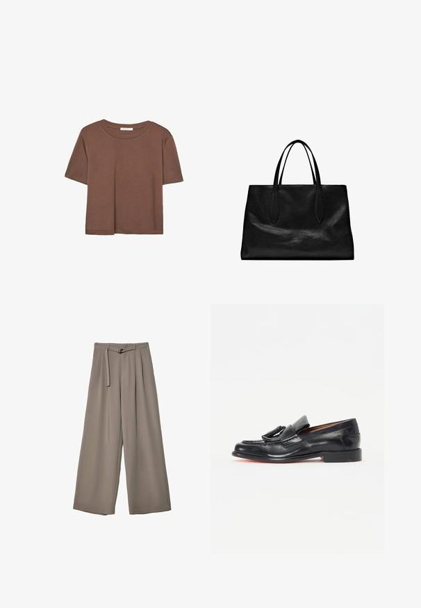 Brun kortærmet t-shirt lavet af blødt stof, med rund halsudskæring og afslappet pasform. Ingen synlige mønstre eller detaljer.; Vide ben bukser i et blødt, afdæmpet grå stof, med en bælte i taljen og plisseringer for ekstra designdetalje. Glat tekstur, ingen mønstre.; Sorte læder loafers med rund tå, der har en dekorativ kvast, syet detaljer og en lav stablet hæl.; Sort læder tote bag med to forlængede hanke, en struktureret form, glat tekstur og minimalistisk design. Ingen synlig hardware eller accenter.