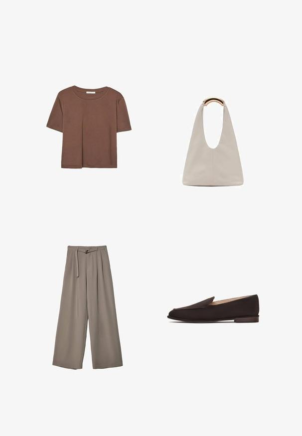 Braunes, kurzärmliges T-Shirt aus weichem Material mit rundem Halsausschnitt und lockerer Passform. Keine sichtbaren Muster oder Akzente.; Weite Hose aus einem weichen, gedämpften grauen Stoff, mit einem taillierten Bund und Falten für zusätzliche Design-Details. Glatte Textur, keine Muster.; Schwarze Loafer mit einem glatten Obermaterial, spitzem Zeh und niedrigem Holzabsatz. Verfügt über ein einfaches Slip-On-Design ohne sichtbare Hardware oder Verzierung.; Hellgraue Lederhandtasche mit einem U-förmigen Design und einem geschwungenen, metallischen Griff. Glatte Textur mit minimalen Nähten und ohne sichtbare Muster.