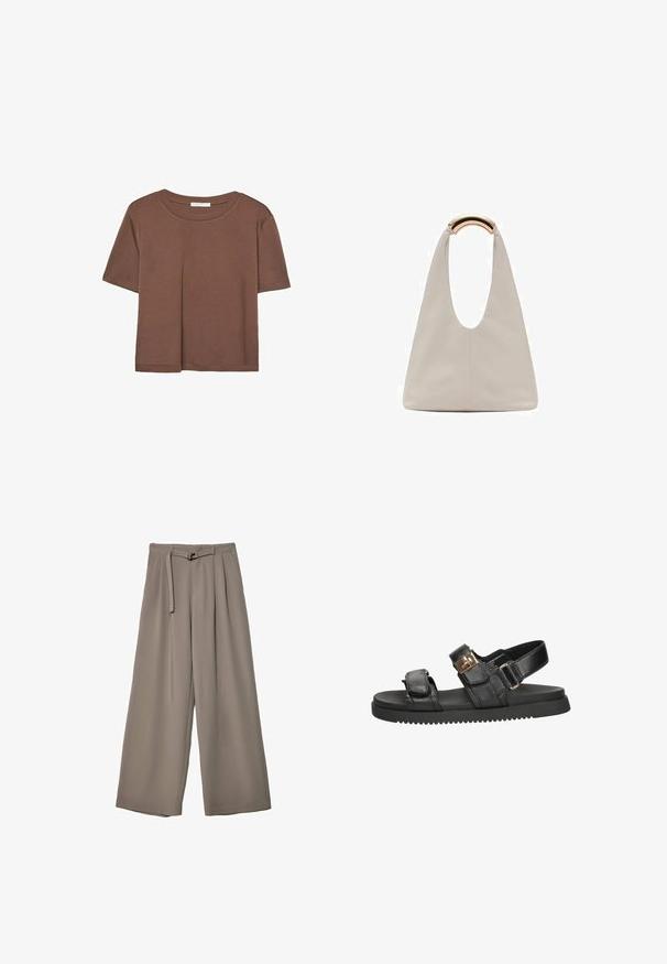Hnědé tričko s krátkým rukávem vyrobené z měkké látky, s kulatým výstřihem a volným střihem. Bez viditelných vzorů nebo dekorací.; Kalhoty s širokými nohavicemi v měkké, tlumené šedé látce, s páskem v pase a sklady pro přidaný designový detail. Hladká textura, bez vzorů.; Černé kožené sandály s dvěma nastavitelnými pásky a zlatým kováním, polstrovanou stélkou a texturovanou černou gumovou podrážkou.; Světlá šedá kožená taška s U-tvarovaným designem a zakřivenou kovovou rukojetí. Hladký povrch s minimálním šitím a bez viditelných vzorů.
