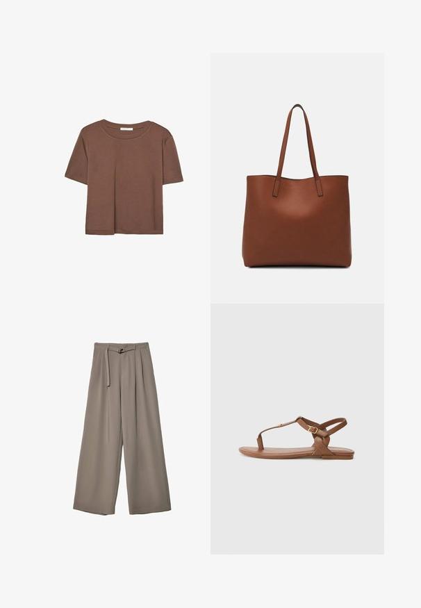 Hnedé tričko s krátkym rukávom vyrobené z jemného materiálu, s okrúhlym výstrihom a voľným strihom. Žiadne viditeľné vzory ani akcenty.; Široké nohavice v jemnej, tlmenej šedej tkanine, s opaskom v pase a vreckami pre dodatočný dizajnový detail. Hladký povrch, bez vzorov.; Hnedé kožené sandále s dizajnom T-strap, nastaviteľným remienkom na členku so zlatou sponou, plochou podrážkou a hladkým povrchom.; Hnedá kožená taška na rameno s hladkou textúrou, otvoreným vrchom a dvoma ramenými popruhmi. Má minimálne šitia a žiadne viditeľné kovania.