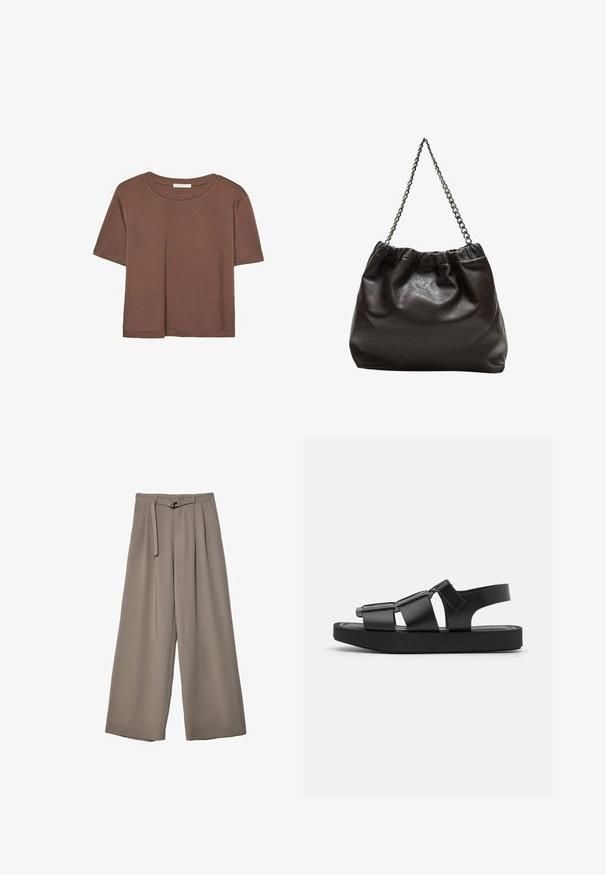 Hnědé tričko s krátkým rukávem vyrobené z měkké látky, s kulatým výstřihem a volným střihem. Bez viditelných vzorů nebo dekorací.; Kalhoty s širokými nohavicemi v měkké, tlumené šedé látce, s páskem v pase a sklady pro přidaný designový detail. Hladká textura, bez vzorů.; Černé sandály s plochou podrážkou, širokými popruhy a nastavitelným zadním popruhem, vyrobené z hladkého syntetického materiálu v minimalistickém designu.; Hnědá kožená taška se sbíraným vrškem a řetízkovým popruhem. Hladký povrch s lesklým finišem a jemným švem na bocích.