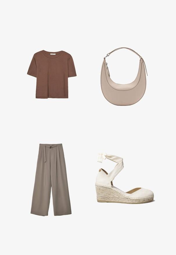 Hnedé tričko s krátkym rukávom vyrobené z jemného materiálu, s okrúhlym výstrihom a voľným strihom. Žiadne viditeľné vzory ani akcenty.; Široké nohavice v jemnej, tlmenej šedej tkanine, s opaskom v pase a vreckami pre dodatočný dizajnový detail. Hladký povrch, bez vzorov.; Biele plátnené wedges s viazaním okolo členku, podpätok obalený jútou, okrúhla špička a textúrovaný vrch. Výška podpätku je približne 7 cm.; Béžová kožená taška cez rameno s polkruhovým tvarom, hladkou textúrou a jedným zakriveným uchom. Obsahuje zipsové uzatváranie a úhľadné švy.