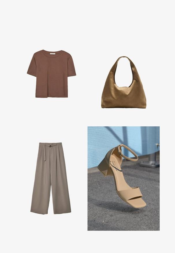Brown short-sleeve t-shirt made of soft fabric, with a round neckline and relaxed fit. No visible patterns or accents.; Wide-leg trousers in a soft, muted grey fabric, featuring a belted waist and pleats for added design detail. Smooth texture, no patterns.; Beige block-heeled sandal with a square toe, minimal straps, and an ankle buckle. Smooth, matte material against a gray surface.; Brown fabric shoulder bag with a wide, rounded body and a large cutout handle. Soft texture, minimalistic design, and no visible hardware.