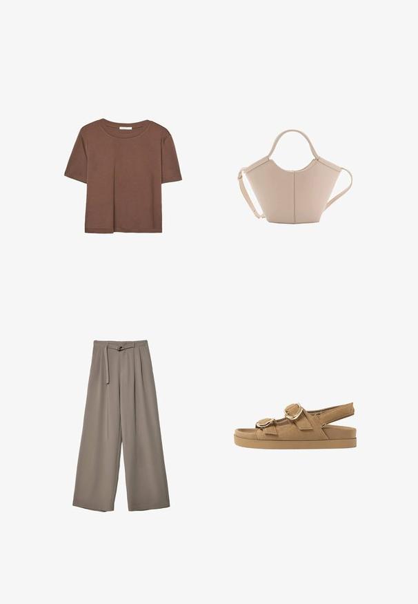 Rjava kratka majica s kratkimi rokavi iz mehkega materiala, s krožnim izrezom in ohlapnim krojem. Brez vidnih vzorcev ali dodatkov.; Široke hlače iz mehke, umirjene sive tkanine, z pasom, ki ga je mogoče zavezati, in z gubami za dodatne oblikovne podrobnosti. Gladka tekstura, brez vzorcev.; Peščene nubuk sandale z dvema nastavljivima trakoma, zlatimi kovinskimi dodatki in debelim oblazinjeni podplatom za udobje in oporo.; Bežna usnjena torbica edinstvene oblike, z dvema kratkima ročajema in dolgim nastavljivim trakom. Gladka tekstura z minimalno kovinsko opremo.