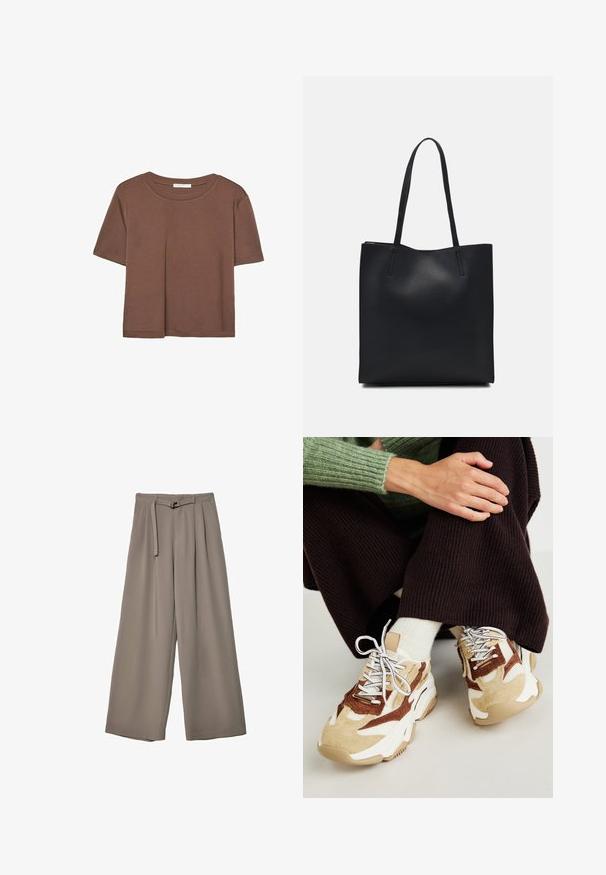 T-shirt marron à manches courtes en tissu doux, avec un col rond et une coupe décontractée. Aucun motif ni accent visible.; Pantalons évasés en tissu gris doux et muted, avec une taille ceinturée et des plis pour un détail de design supplémentaire. Texture lisse, sans motifs.; Steve Madden POSSESSIONE - Baskets basses - brown/sand; Sac fourre-tout en cuir noir avec une texture lisse, de forme rectangulaire et deux longues poignées. Pas de matériel ou d'ornementations visibles.