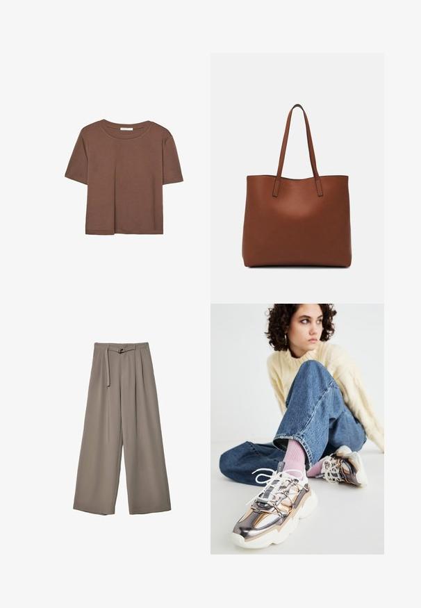 Rjava kratka majica s kratkimi rokavi iz mehkega materiala, s krožnim izrezom in ohlapnim krojem. Brez vidnih vzorcev ali dodatkov.; Široke hlače iz mehke, umirjene sive tkanine, z pasom, ki ga je mogoče zavezati, in z gubami za dodatne oblikovne podrobnosti. Gladka tekstura, brez vzorcev.; Mlad človek s kodrastimi lasmi, oblečen v krema pulover, modre kavbojke, rožnate nogavice in kovinske debele superge, sedi na tleh in gleda stran.; Rjava usnjena torba z gladko teksturo, odprto zasnovo zgoraj in dvema naramnima trakovoma. Opremljena je z minimalnim šivanjem in brez vidnih kovinskih delov.