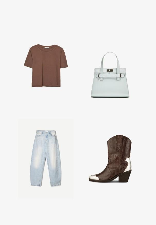 Brązowa koszulka z krótkim rękawem, wykonana z miękkiego materiału, z okrągłym dekoltem i luźnym krojem. Brak widocznych wzorów lub akcentów.; Jasnoniebieskie dżinsy o luźnym kroju, z wyblakłym wykończeniem, dwoma przednimi kieszeniami i zapięciem na guzik w talii.; Brązowy but kowbojski z sztucznej skóry krokodyla z srebrnym czubkiem i białym obcasem, z haftem w stylu zachodnim i warstwowym obcasem.; Jasnoniebieska torebka o strukturalnym designie, z dwoma uchwytami i zapięciem w srebrnym odcieniu. Teksturowany materiał i ostre krawędzie.