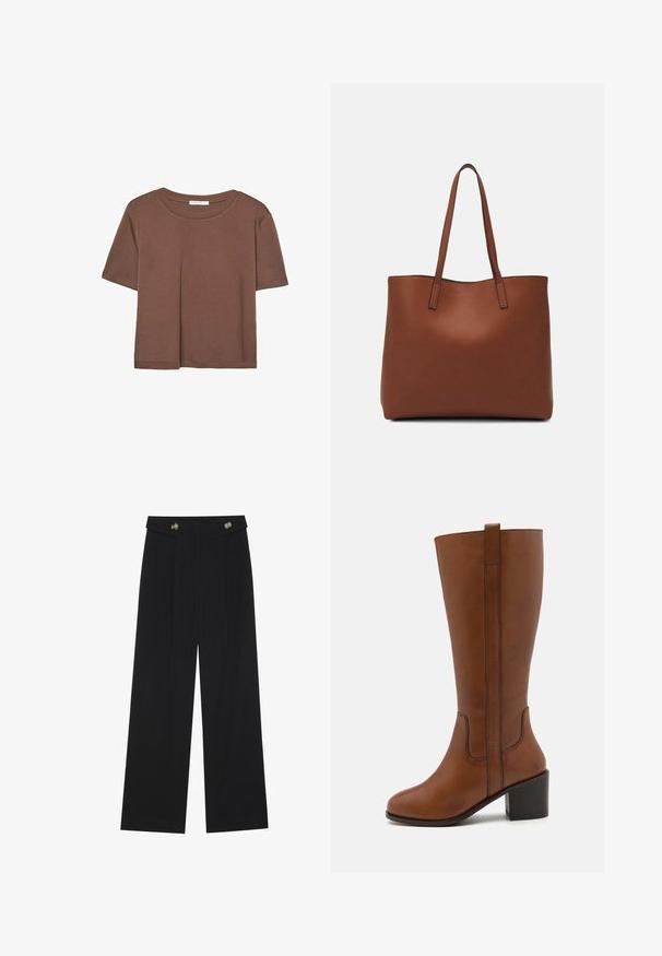 T-shirt marron à manches courtes en tissu doux, avec un col rond et une coupe décontractée. Aucun motif ni accent visible.; Pantalons larges noirs à taille haute, avec des détails de boutons à la taille et des plis sur le devant.; Botte en cuir marron, montant jusqu'au genou, avec un bout arrondi, des coutures sur les côtés et un talon carré. Dotée d'une languette à l'arrière pour un enfilage facile.; Sac fourre-tout en cuir marron avec une texture lisse, design à ouverture supérieure et deux poignées pour le porter à l'épaule. Présente des coutures minimales et aucun matériel visible.