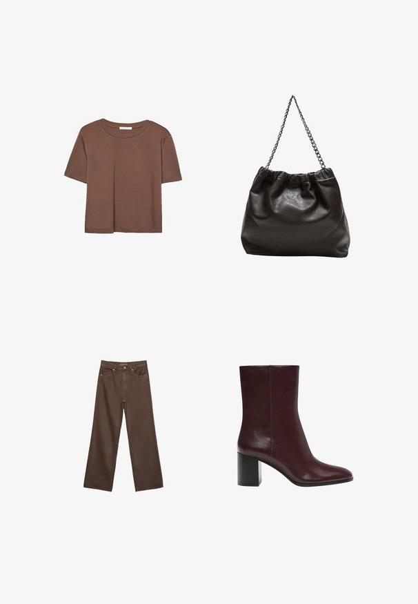 Rjava kratka majica s kratkimi rokavi iz mehkega materiala, s krožnim izrezom in ohlapnim krojem. Brez vidnih vzorcev ali dodatkov.; Široke rjave kavbojke iz denima, ki imajo visok pas, sprednje žepe in klasično zapiranje na gumb. Gladka tekstura s subtilnim šivom.; Burgundske gležnjarje iz gladke kože, s koničastim nosom in masivnim, strukturiranim črnim peto. Minimalističen dizajn s čistimi linijami.; Rjava usnjena torba z nabranim vrhom in verižnim trakom. Gladka tekstura z sijajno površino in subtilnimi šivi na straneh.