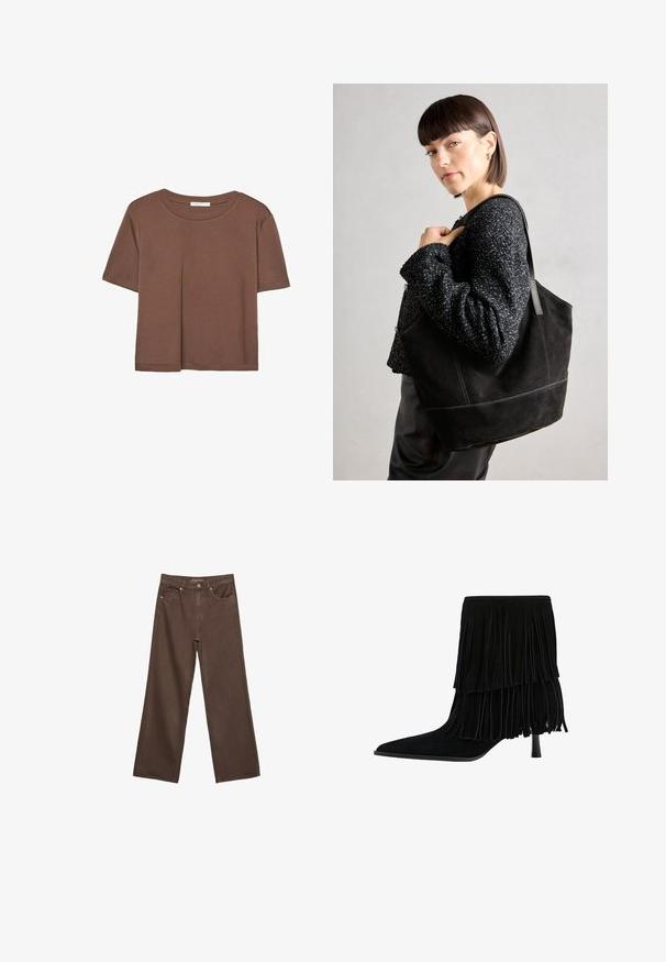 Rjava kratka majica s kratkimi rokavi iz mehkega materiala, s krožnim izrezom in ohlapnim krojem. Brez vidnih vzorcev ali dodatkov.; Široke rjave kavbojke iz denima, ki imajo visok pas, sprednje žepe in klasično zapiranje na gumb. Gladka tekstura s subtilnim šivom.; Črne suede gležnjarje z plastnim franžem, s koničastim nosom in stiletto peto. Tekstura je mehka, površina pa se zdi gladka.; Črna semiš torbica z gladko teksturo, strukturirano obliko in kontrastnim šivanjem. Ima dolge naramnice za nošenje na rami.