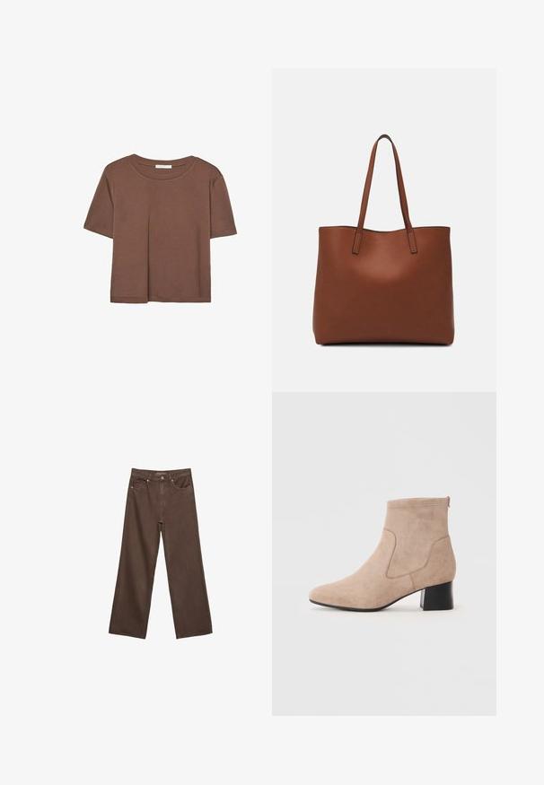 T-shirt marron à manches courtes en tissu doux, avec un col rond et une coupe décontractée. Aucun motif ni accent visible.; Jean brown à jambes larges en denim, doté d'une taille haute, de poches avant et d'une fermeture à bouton classique. Texture lisse avec des coutures subtiles.; Bottines en suède beige à bout arrondi, avec des panneaux latéraux en elastic et un talon bloc avec une finition noire lisse.; Sac fourre-tout en cuir marron avec une texture lisse, design à ouverture supérieure et deux poignées pour le porter à l'épaule. Présente des coutures minimales et aucun matériel visible.