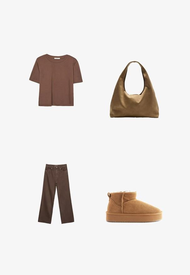 Maglietta a maniche corte marrone realizzata in tessuto morbido, con scollatura rotonda e vestibilità rilassata. Nessun motivo o dettaglio visibile.; Jeans a gamba larga marroni in denim, con vita alta, tasche anteriori e chiusura a bottone classica. Tessuto liscio con cuciture sottili.; Stivale alla caviglia in suede marrone con una morbida fodera interna, punta arrotondata e suola piatta in gomma. Caratterizzato da una cucitura e da una linguetta posteriore per il richiamo.; Borsa a spalla in tessuto marrone con un corpo ampio e arrotondato e una grande maniglia a taglio. Texture morbida, design minimalista e senza hardware visibile.