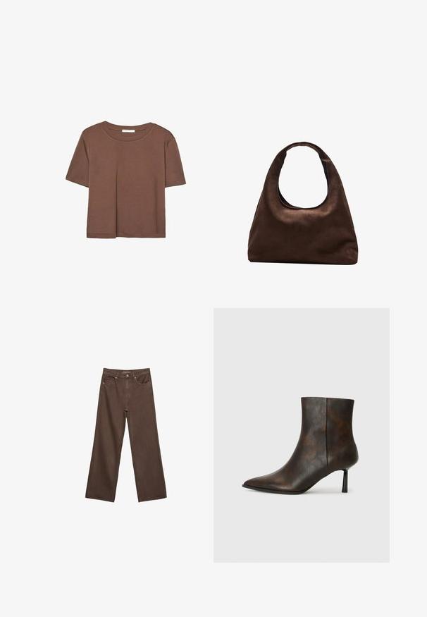 Brun kortärmad t-shirt i mjukt tyg, med rund halsringning och avslappnad passform. Inga synliga mönster eller detaljer.; Breda bruna jeans i denim med hög midja, framfickor och klassisk knäppning. Slät textur med subtil sömnad.; Brun läderankeltboot med spetsig tå, slank design och en tunn svart klack. Texturerad yta med ett subtilt mönster.; Mjuk brun hobo-väskastil med ett brett axelband och en rundad öppning upptill, visad på en vit bakgrund.
