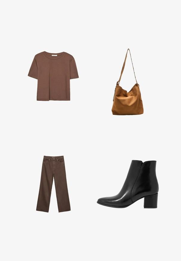 Brązowa koszulka z krótkim rękawem, wykonana z miękkiego materiału, z okrągłym dekoltem i luźnym krojem. Brak widocznych wzorów lub akcentów.; Szerokie brązowe dżinsy wykonane z denimu, z wysokim stanem, przednimi kieszeniami i klasycznym zapięciem na guzik. Gładka faktura z subtelnym przeszyciem.; Anna Field LEATHER - Botki; Brązowa skórzana torba na ramię o miękkiej fakturze, zakrzywionym górnym brzegu oraz długim pasku z dekoracyjnymi metalowymi nity.