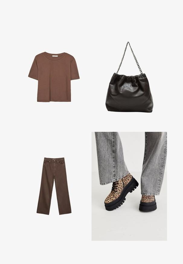 Brown short-sleeve t-shirt made of soft fabric, with a round neckline and relaxed fit. No visible patterns or accents.; Wide-leg brown jeans made of denim, featuring a high waist, front pockets, and a classic button closure. Smooth texture with subtle stitching.; Steve Madden COAST - Lace-up ankle boots - brown/multi-coloured; Brown leather bag with a gathered top and a chain strap. Smooth texture with a glossy finish and subtle seam detailing on the sides.