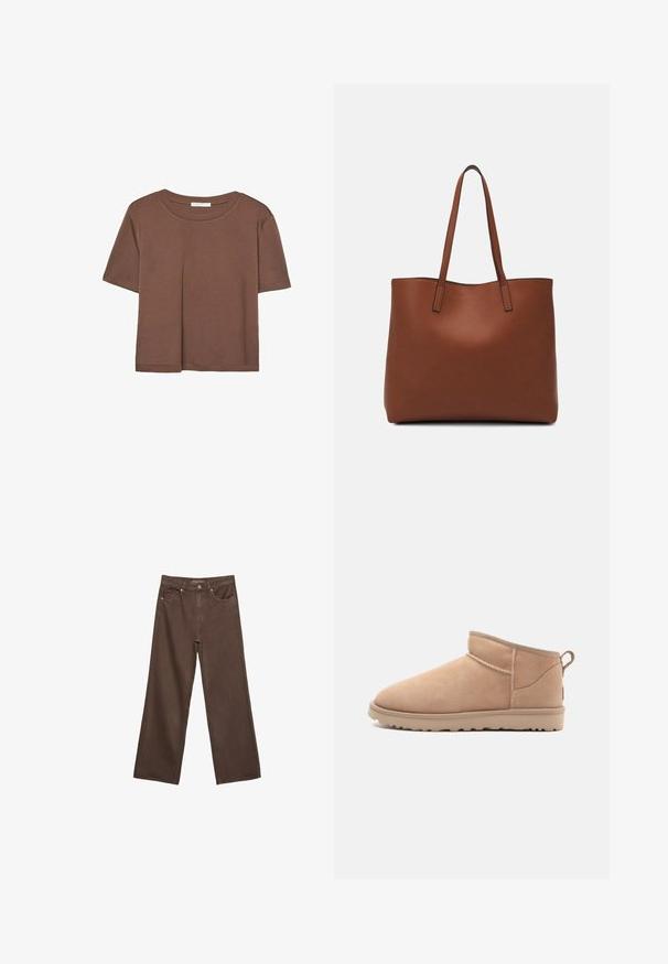 Smeđi kratki rukav majica od mekog materijala, s okruglim izrezom i opuštenim krojem. Nema vidljivih uzoraka ili naglasaka.; Proširene smeđe traperice od denima, s visokim strukom, prednjim džepovima i klasičnom kopčom na dugme. Glatka tekstura s suptilnim šavovima.; Bež nubuk gležnjača s okruglim vrhom, mekanom teksturom, jednostavnim dizajnom i niskim gumiranim potplatom. Ima čipku na stražnjoj strani.; Smeđa kožna torba preko ramena s glatkom teksturom, otvorenim vrhom i dvjema naramenicama. Ima minimalne šavove i nema vidljivog hardvera.