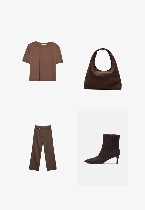 Rjava kratka majica s kratkimi rokavi iz mehkega materiala, s krožnim izrezom in ohlapnim krojem. Brez vidnih vzorcev ali dodatkov.; Široke rjave kavbojke iz denima, ki imajo visok pas, sprednje žepe in klasično zapiranje na gumb. Gladka tekstura s subtilnim šivom.; Rjavi semiš gležnjarji s koničastim nosom in 7,5 cm visokim peto, z gladko teksturo in minimalističnim dizajnom. Zadrga na zadnji strani.; Mehakna rjava torbica v hobo stilu z enim širokim trakom in ukrivljenim odprtjem na vrhu, prikazana na beli podlagi.
