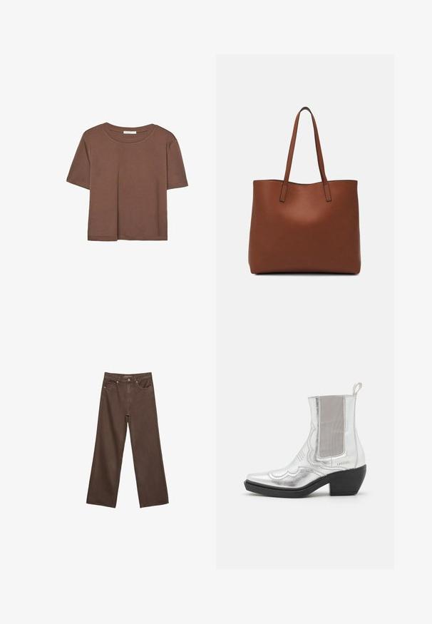 Brązowa koszulka z krótkim rękawem, wykonana z miękkiego materiału, z okrągłym dekoltem i luźnym krojem. Brak widocznych wzorów lub akcentów.; Szerokie brązowe dżinsy wykonane z denimu, z wysokim stanem, przednimi kieszeniami i klasycznym zapięciem na guzik. Gładka faktura z subtelnym przeszyciem.; Srebrne metaliczne botki za kostkę z szpiczastymi noskami, teksturowaną górą, elastycznymi bocznymi panelami oraz rzeźbionym czarnym obcasem. Dekoracyjny wzór przeszyć.; Brązowa skórzana torba tote o gładkiej fakturze, z otwartym wierzchem i dwoma ramiączkami. Charakteryzuje się minimalnym przeszyciem i brakiem widocznych elementów metalowych.