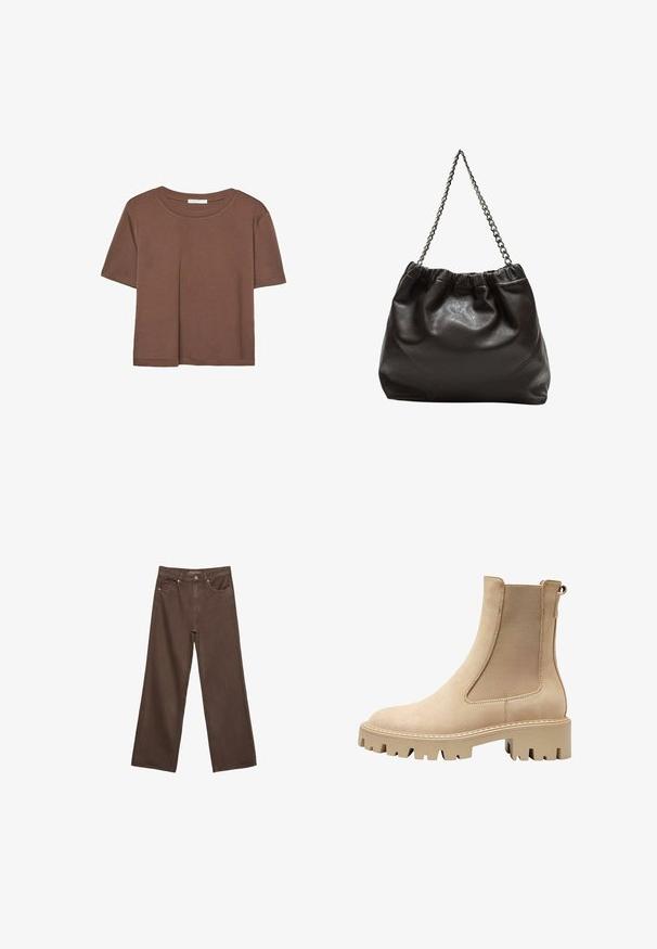 Brun kortærmet t-shirt lavet af blødt stof, med rund halsudskæring og afslappet pasform. Ingen synlige mønstre eller detaljer.; Bredde ben brun denim jeans med høj talje, forlommer og klassisk knaplukning. Glat tekstur med diskret syninger.; Beige ankelstøvle med en glat suedefinish, elastiske sidepaneler og en kraftig sål for godt greb. Har dekorative syninger.; Brun lædertaske med en rynket top og en kædestrop. Glat tekstur med en blank finish og subtile sømdetaljer på siderne.