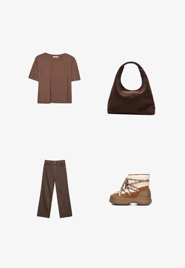 Brown short-sleeve t-shirt made of soft fabric, with a round neckline and relaxed fit. No visible patterns or accents.; Wide-leg brown jeans made of denim, featuring a high waist, front pockets, and a classic button closure. Smooth texture with subtle stitching.; Brown suede boot with white shearling cuff, dual-tone rubber sole, and patterned laces. Features metal eyelets for secure fastening.; Soft brown hobo-style handbag with a single wide strap and a curved top handle opening, displayed on a white background.; Stradivarius FLORAL - Necklace - beige