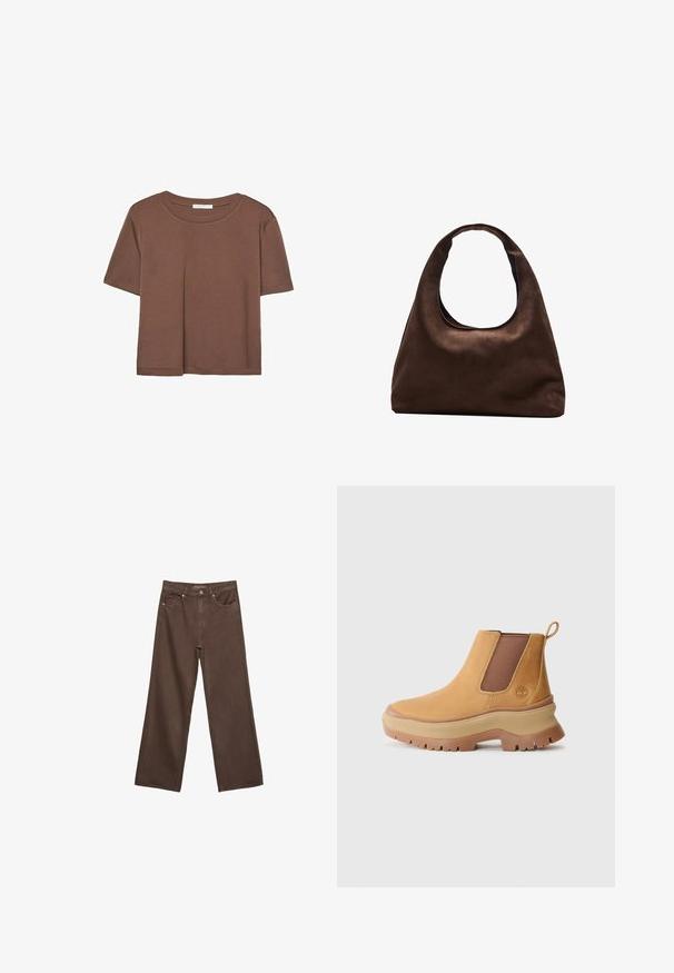 Rjava kratka majica s kratkimi rokavi iz mehkega materiala, s krožnim izrezom in ohlapnim krojem. Brez vidnih vzorcev ali dodatkov.; Široke rjave kavbojke iz denima, ki imajo visok pas, sprednje žepe in klasično zapiranje na gumb. Gladka tekstura s subtilnim šivom.; Rjava usnjena gležnjarica z elastičnimi stranskimi paneli, zaobljenim prstom in debelim gumijastim podplatom z globokim profilom; vsebuje zanko za obuvanje na peti.; Mehakna rjava torbica v hobo stilu z enim širokim trakom in ukrivljenim odprtjem na vrhu, prikazana na beli podlagi.